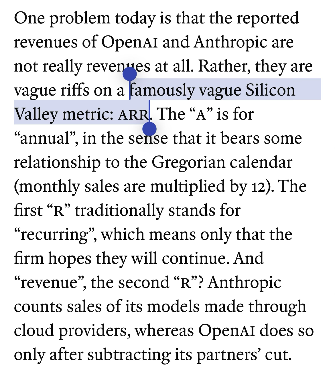 Economist.com screenshot that reads 'One problem today is that the reported revenues of OpenAI and Anthropic are not really revenues at all. Rather, they are vague riffs on a famously vague Silicon Valley metric: ARR...'